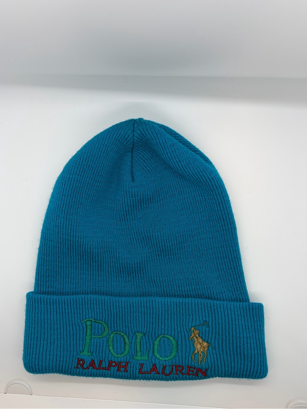 Vintage Polo Ralph Lauren Beanie Hat Teal Blue Ribbed Knit Spell Out Big Pony OG